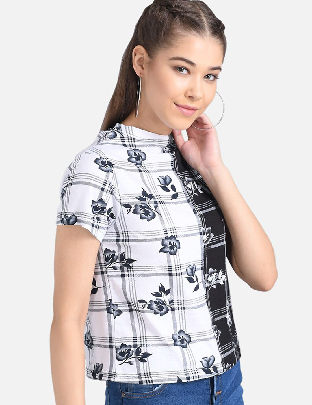 Kotty Women White Checked Pure Cotton Top
