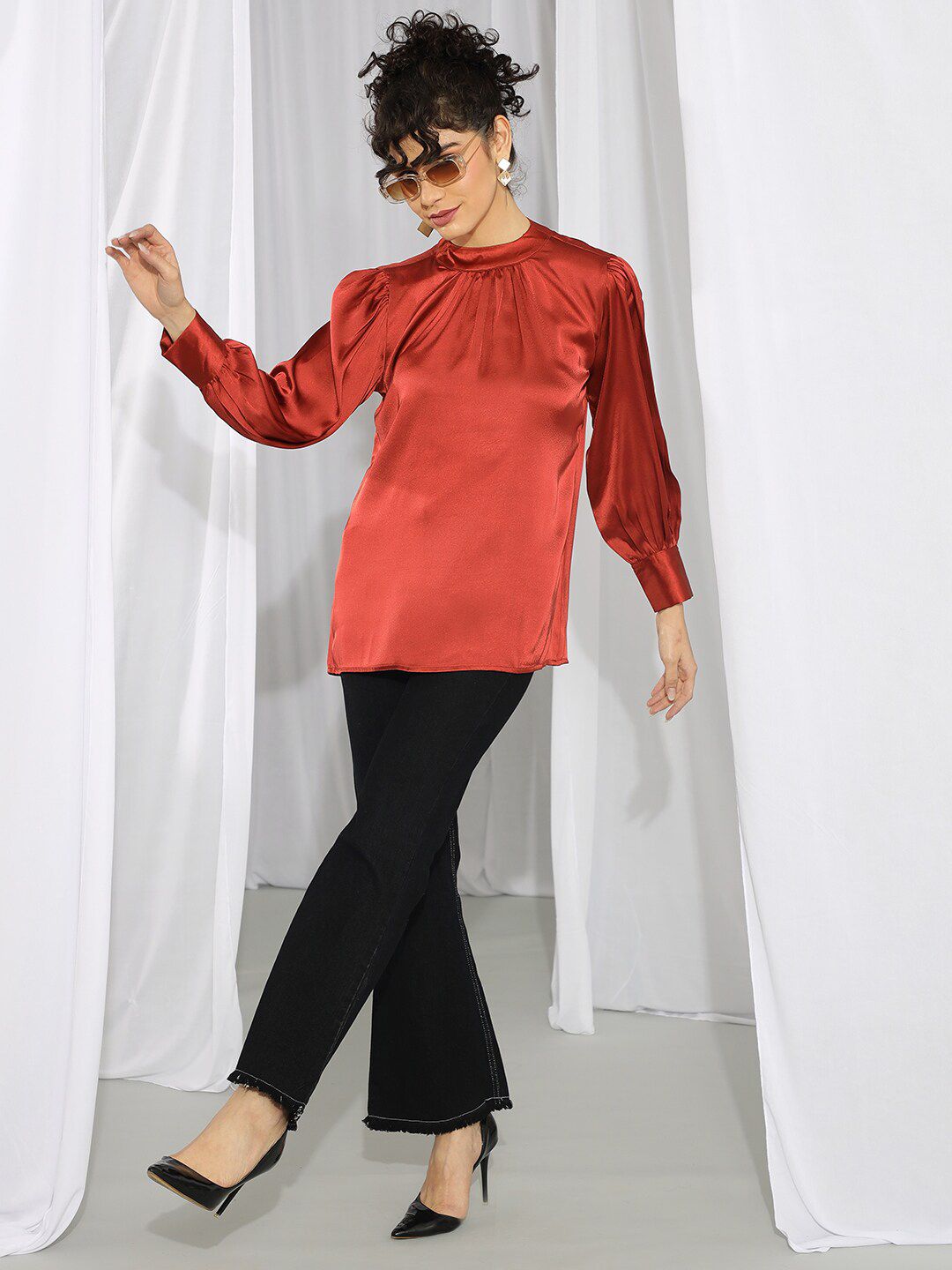 KOTTY BIZwear Rust-Coloured High Neck Bishop Sleeves Gathered Detail Satin Top