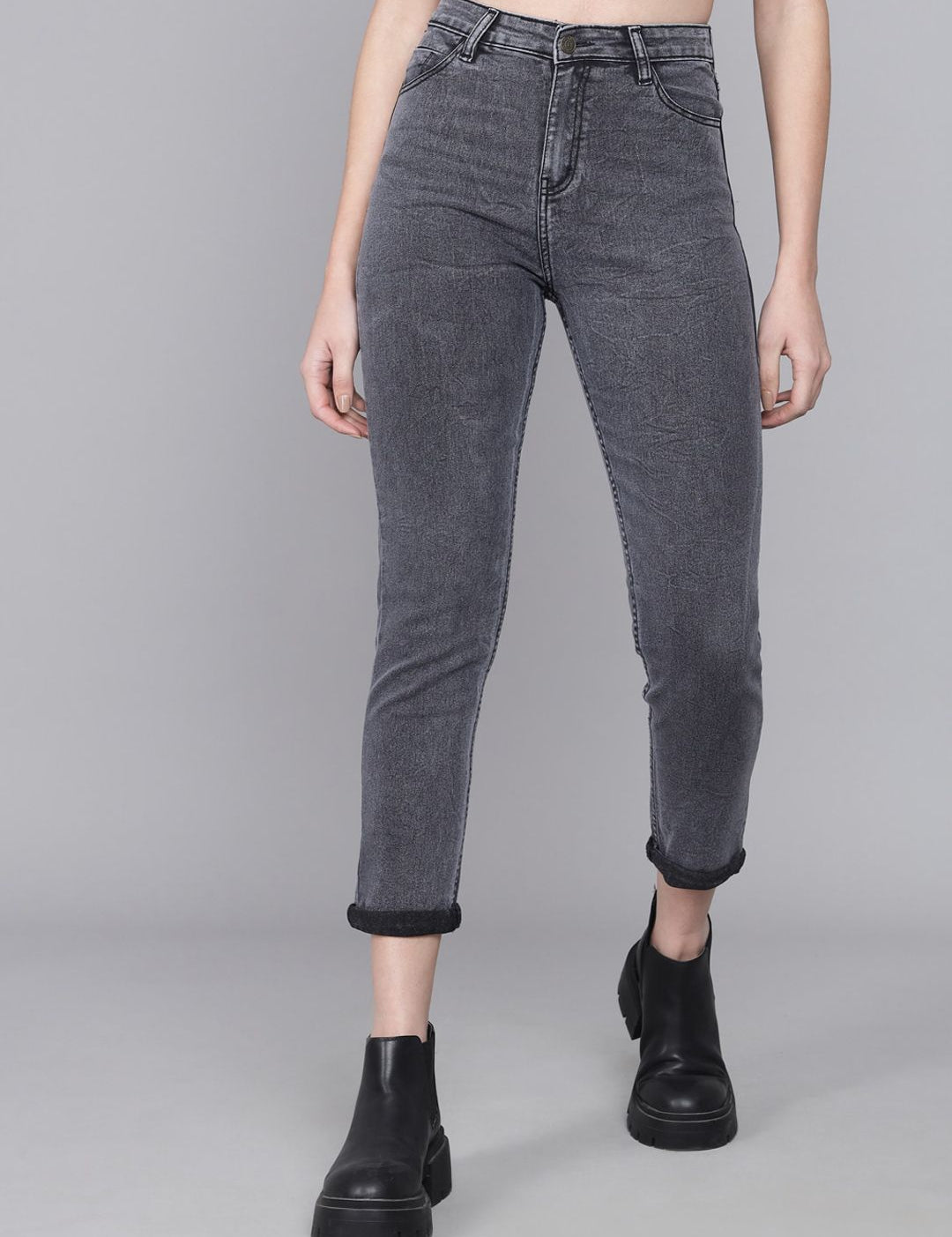 Kotty Women Grey Skinny Fit High-Rise Slash Knee Jeans