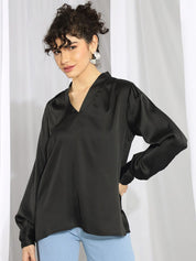 KOTTY BIZwear Black V-Neck Cuffed Sleeves Satin Top