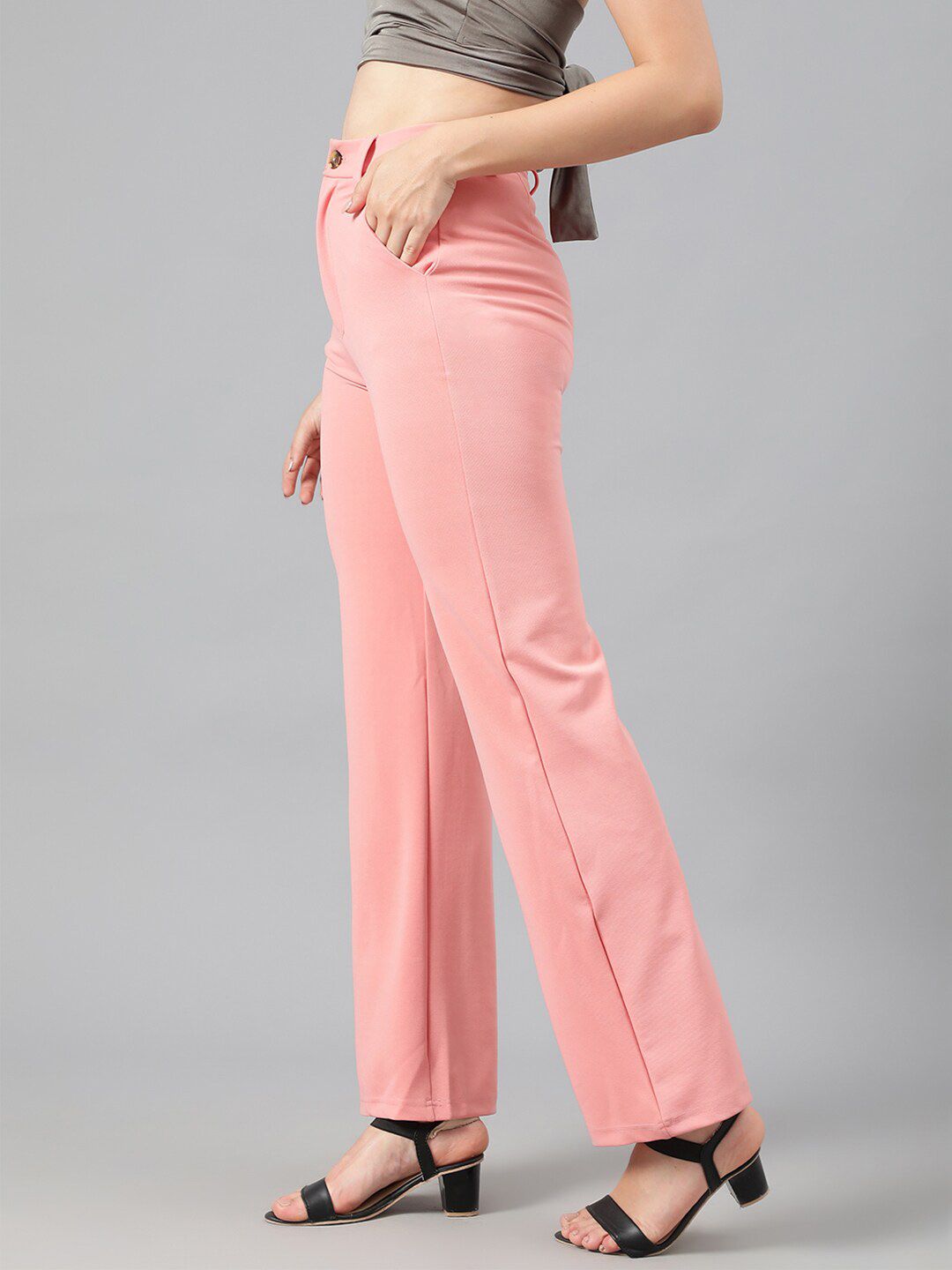 Kotty Women Pink Relaxed Straight Leg Fit High-Rise Easy Wash Parallel Trousers