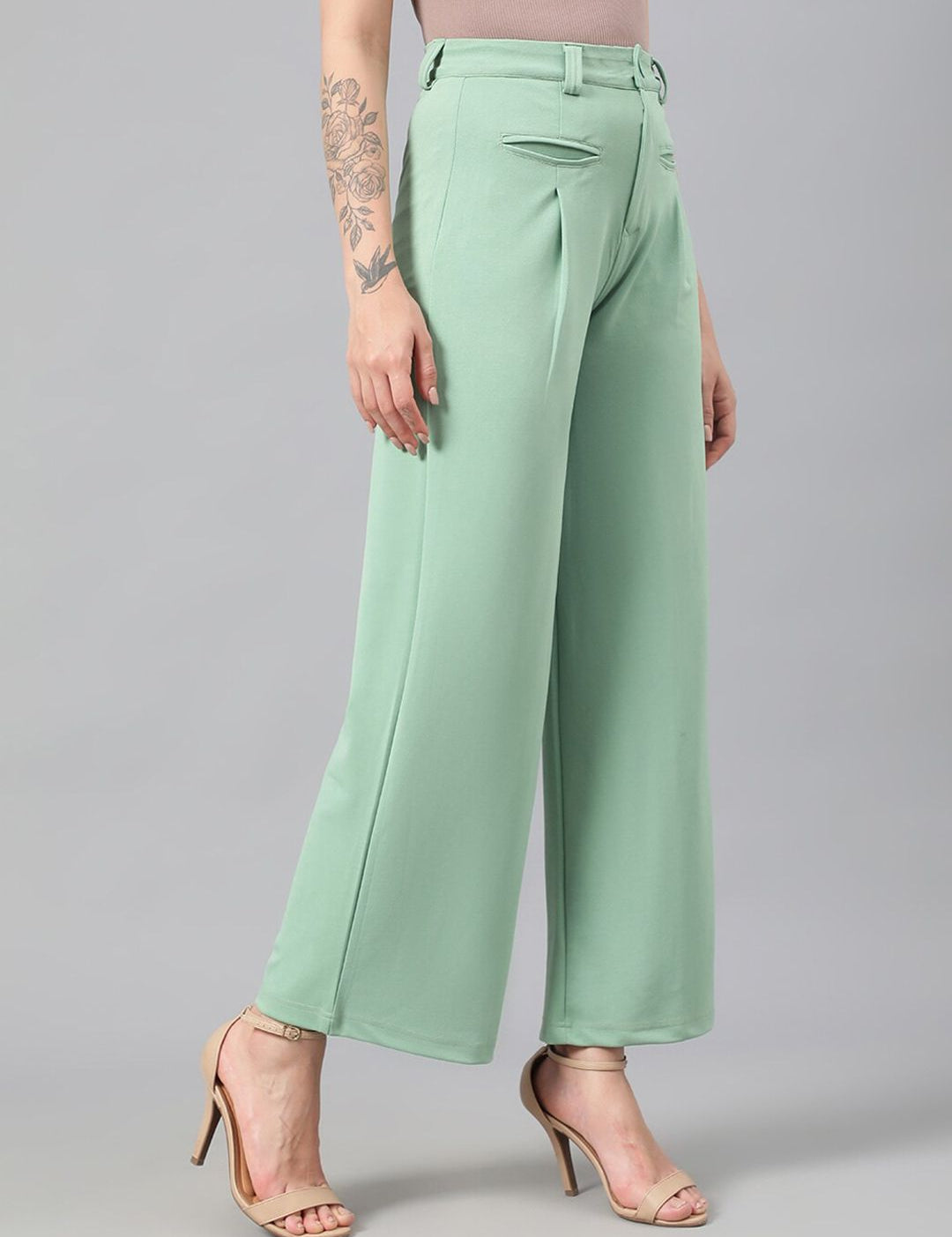 Kotty Women Green Relaxed Straight Leg Fit High-Rise Easy Wash Pleated Parallel Trousers