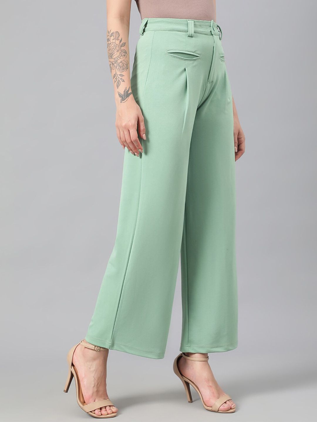 Kotty Women Green Relaxed Straight Leg Fit High-Rise Easy Wash Pleated Parallel Trousers
