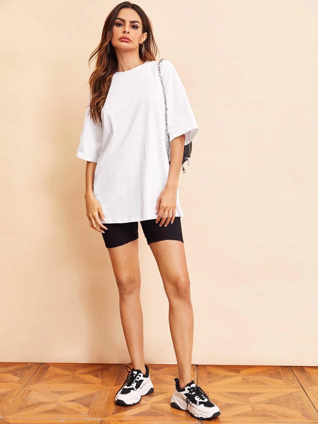 KOTTY Basics White Round Neck Drop-Shoulder Sleeves Cotton Longline Casual Oversized T-shirt