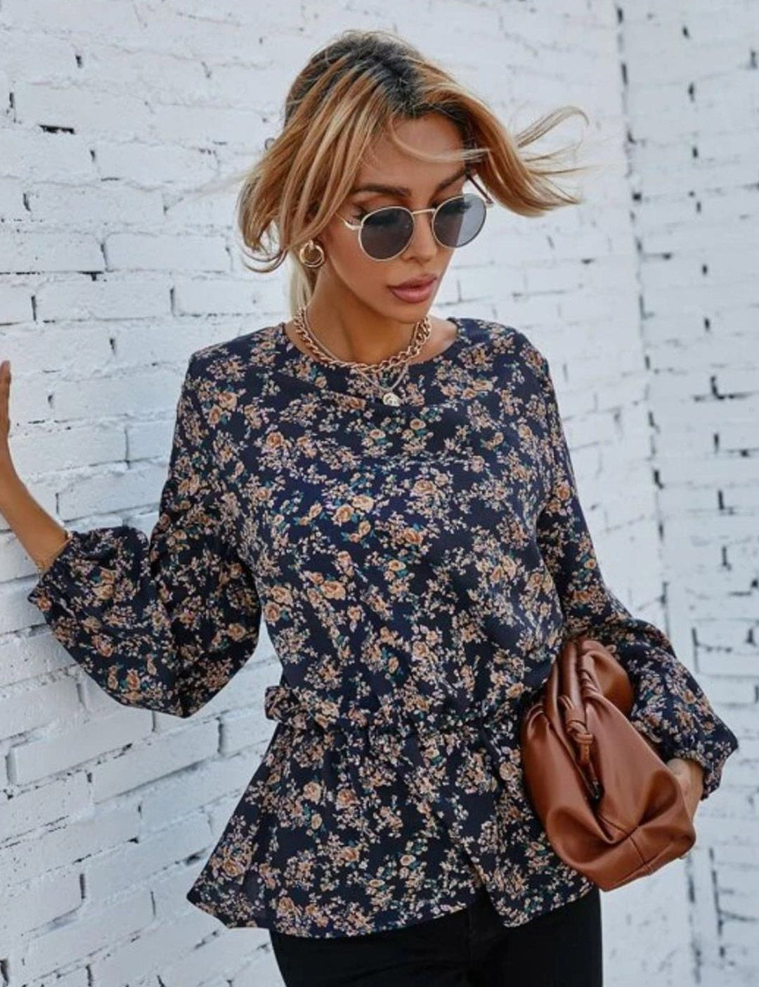 Kotty Blue Floral Printed Satin Cinched Waist Top