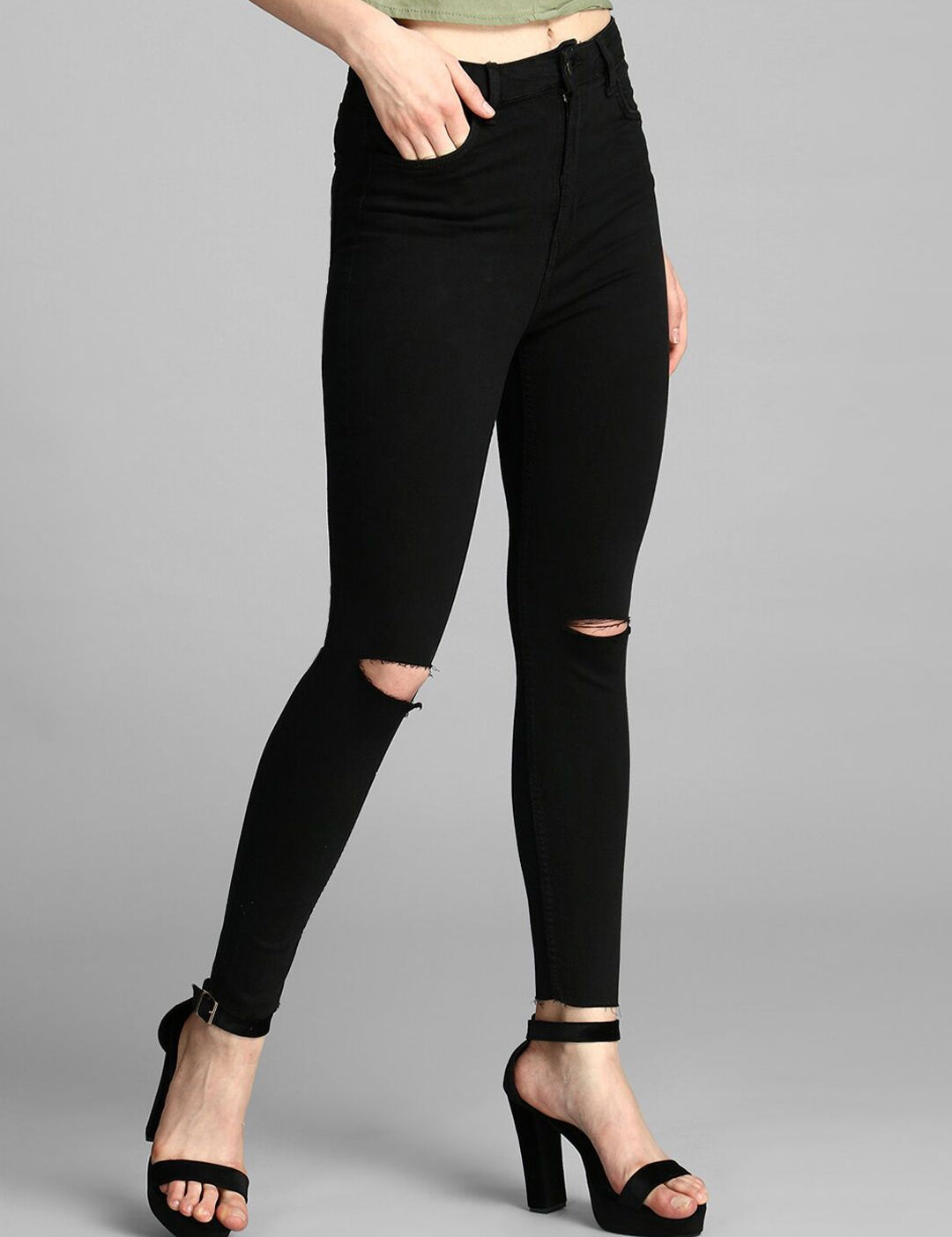 Kotty Women Black Skinny Fit High-Rise Slash Knee Jeans