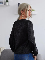 Kotty Black Animal Printed V-Neck Puff Sleeve Satin Top