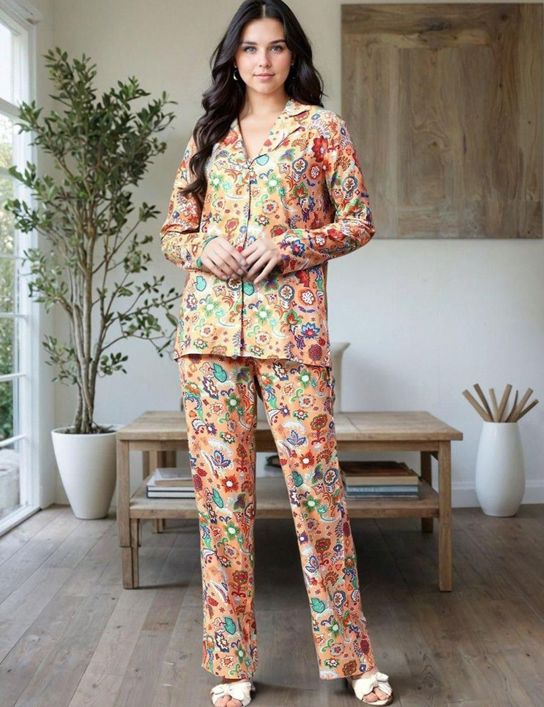 Kotty Yellow and Green Printed Shirt Collar Shirt With Trouser