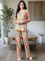 Kotty Yellow and Green Printed Shirt Collar Shirt With Trouser
