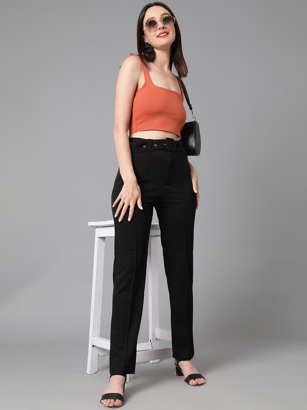 Kotty Women Black Relaxed Straight Leg High-Rise Easy Wash Trousers Comes With Belt