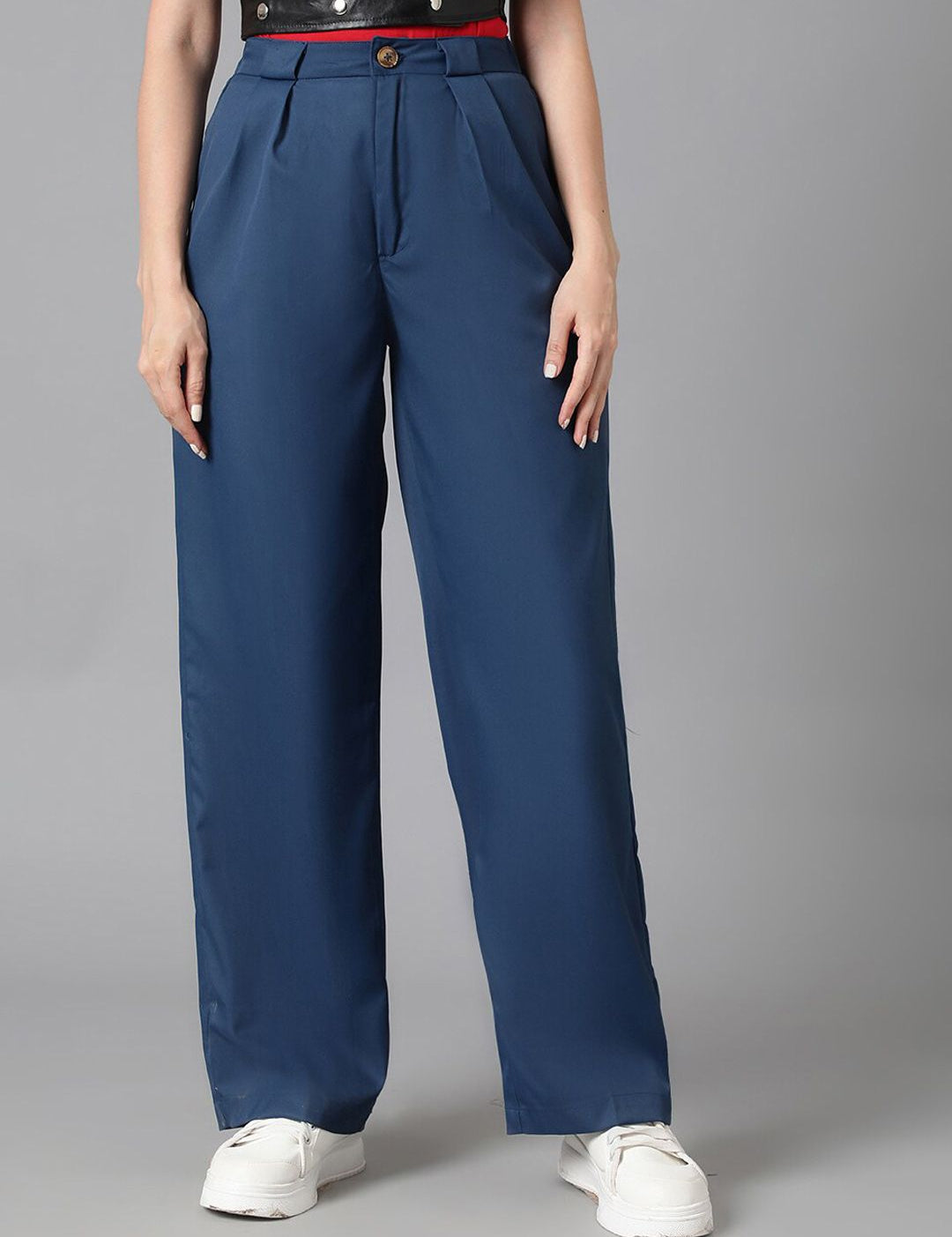 KOTTY BIZwear Women Navy Blue Relaxed Straight Leg High-Rise Easy Wash Pleated Trousers