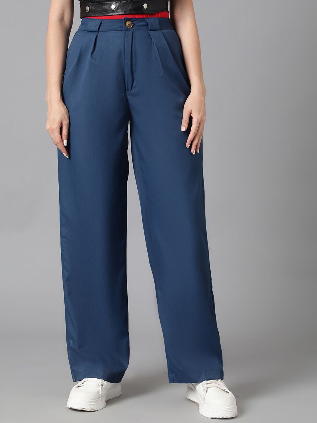 KOTTY BIZwear Women Navy Blue Relaxed Straight Leg High-Rise Easy Wash Pleated Trousers