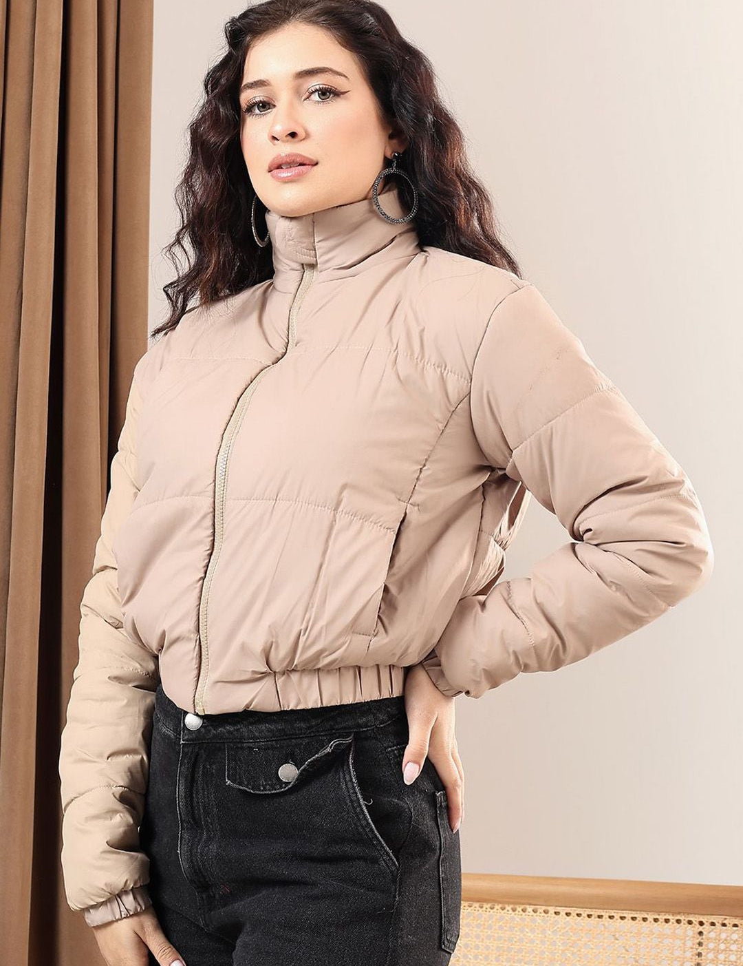 Kotty Women Mock Collar Solid Casual Puffer Insulator Jacket