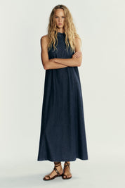 Kotty Women’s Navy Denim Maxi Dress Sleeveless Halter Neck