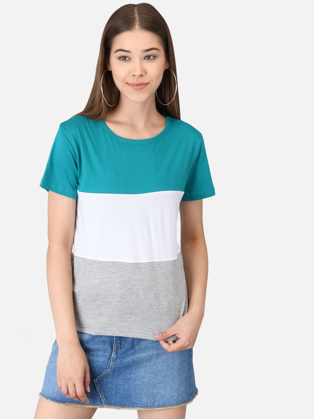 Kotty Women Blue Colourblocked Round Neck T-shirt