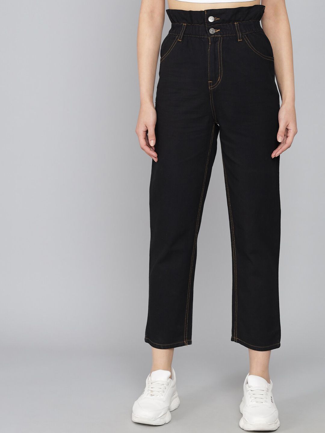 Kotty Women Black Boyfriend Fit High-Rise Pure Cotton Jeans