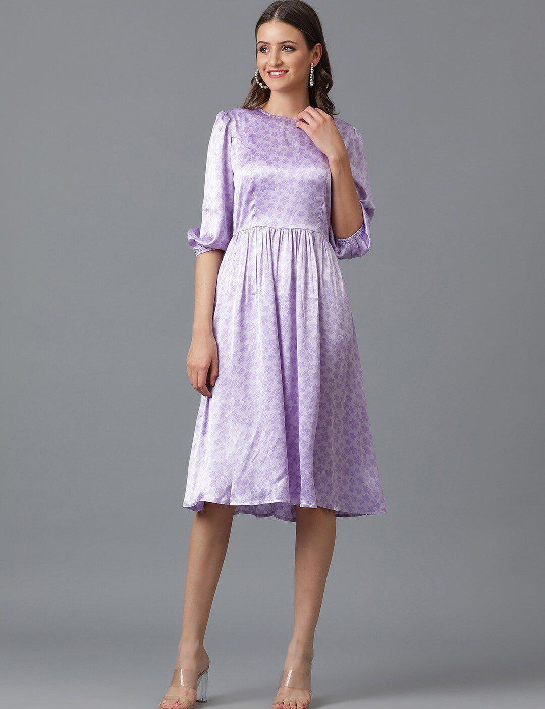 Kotty Lavender Floral Printed Satin Fit & Flare Mini Dress