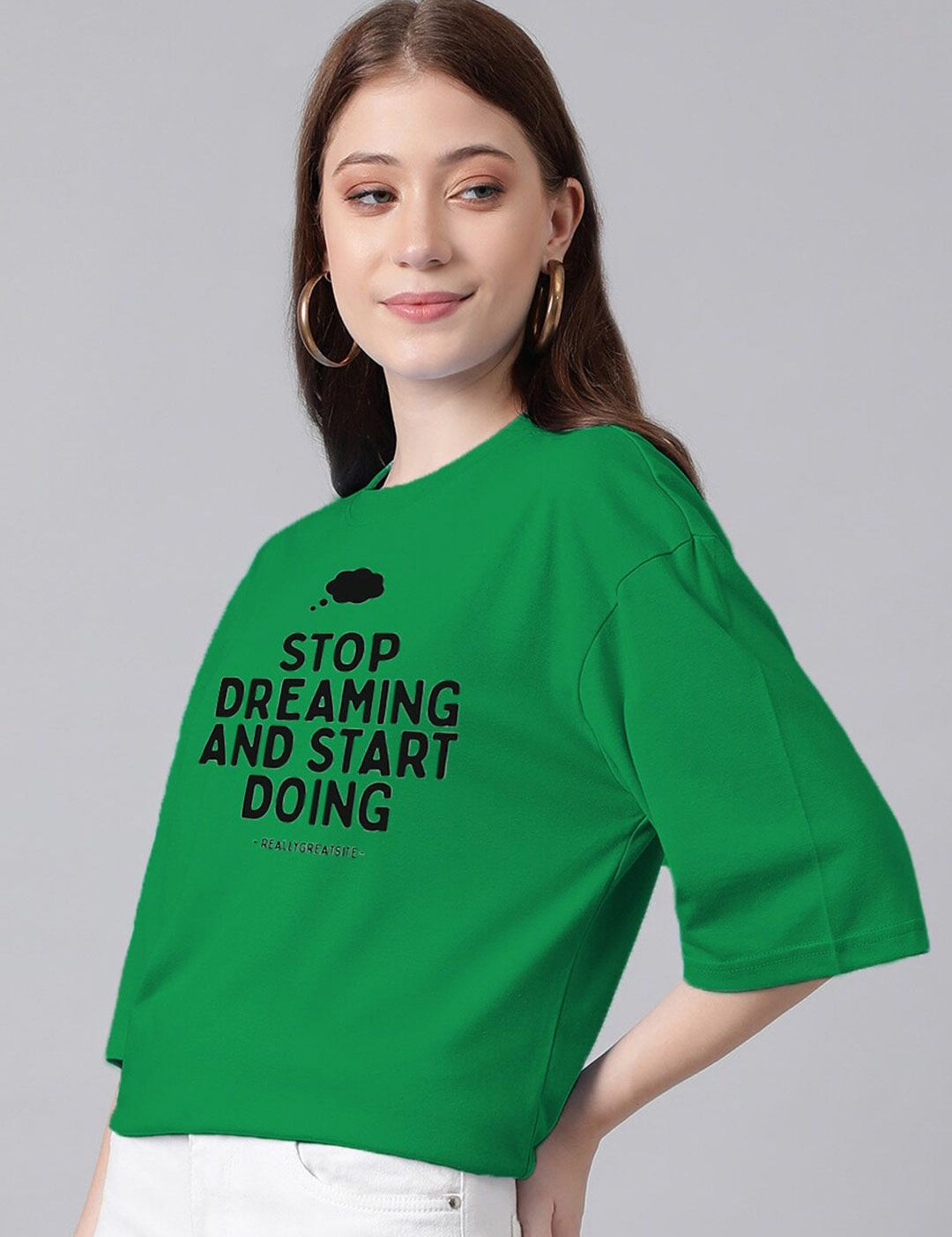 Kotty Green & Black Typography Printed Drop Shoulder Sleeves Oversized Casual T-Shirt