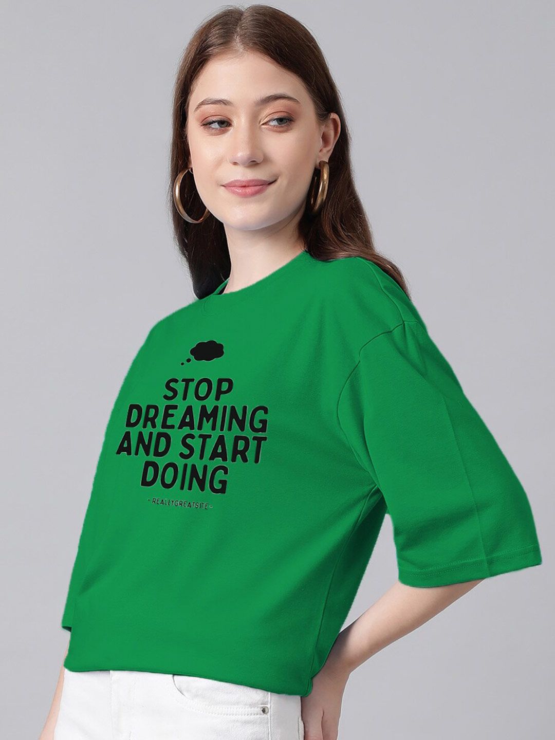 Kotty Green & Black Typography Printed Drop Shoulder Sleeves Oversized Casual T-Shirt