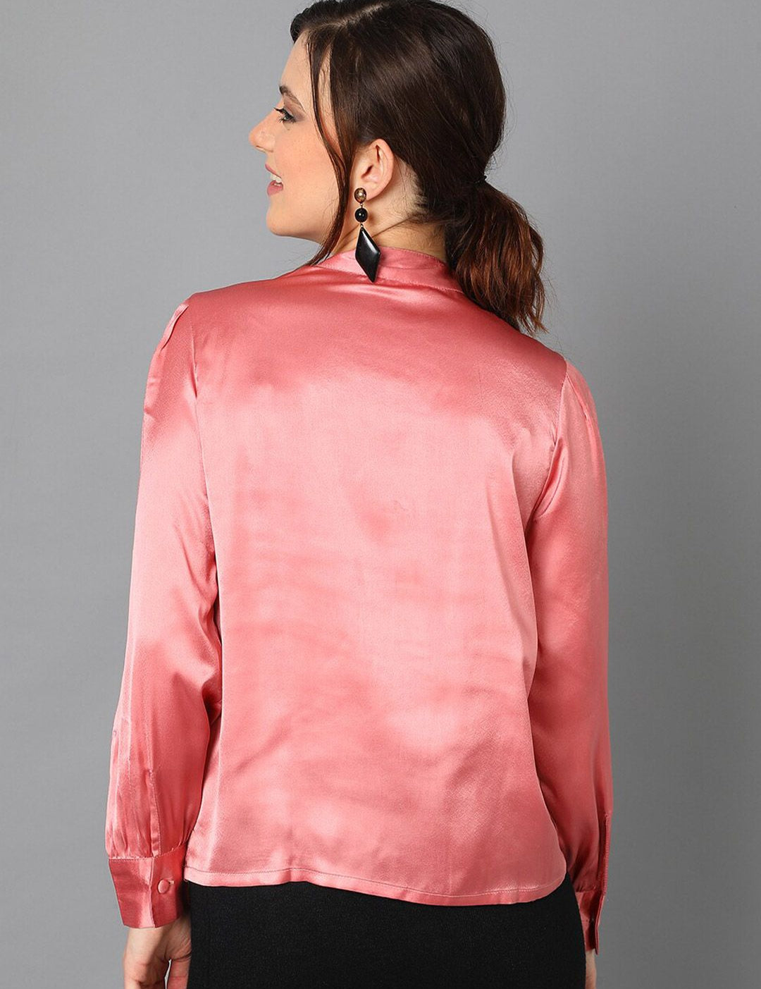 Kotty Pink Cuffed Sleeves Satin Shirt Style Top