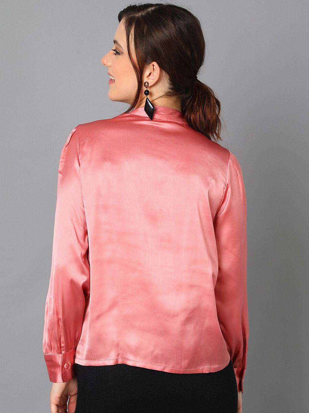 Kotty Pink Cuffed Sleeves Satin Shirt Style Top