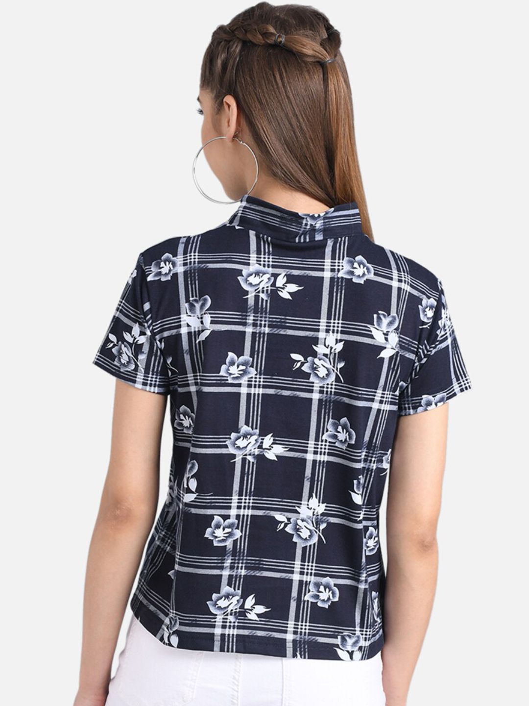 Kotty Women Navy Blue & White Floral Checked Pure Cotton Top