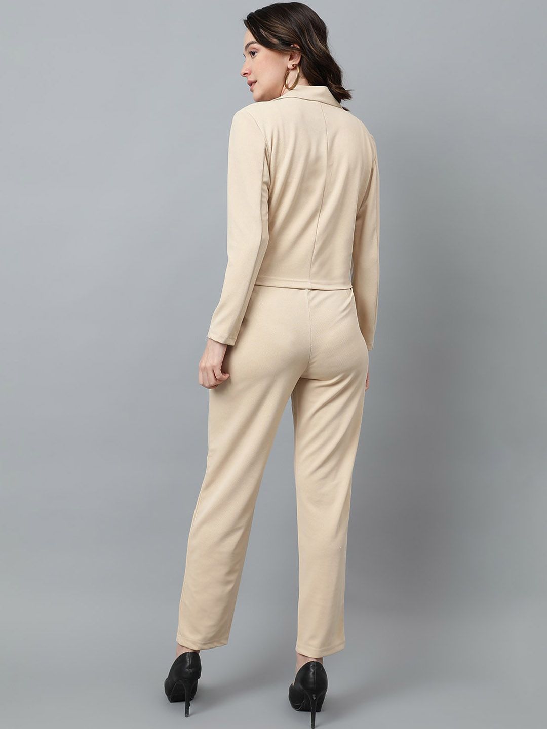 KOTTY BIZwear Beige Notched Lapel Collar Blazer & Mid Rise Trouser