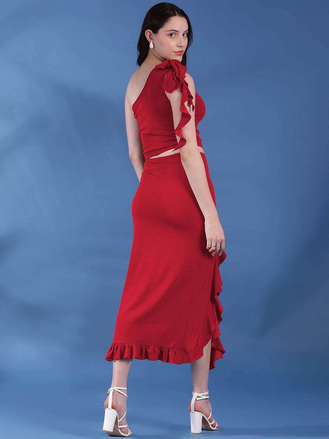 Kotty Maroon One Shoulder Top With Skirt