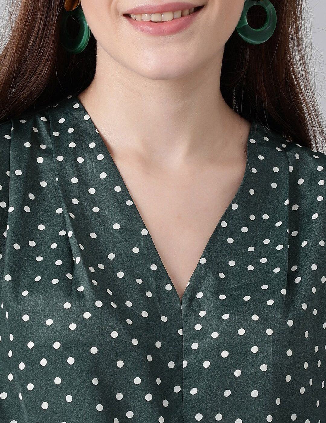 Kotty Green & White Polka Dot Print V-Neck Cuffed Sleeves Satin Crepe Top