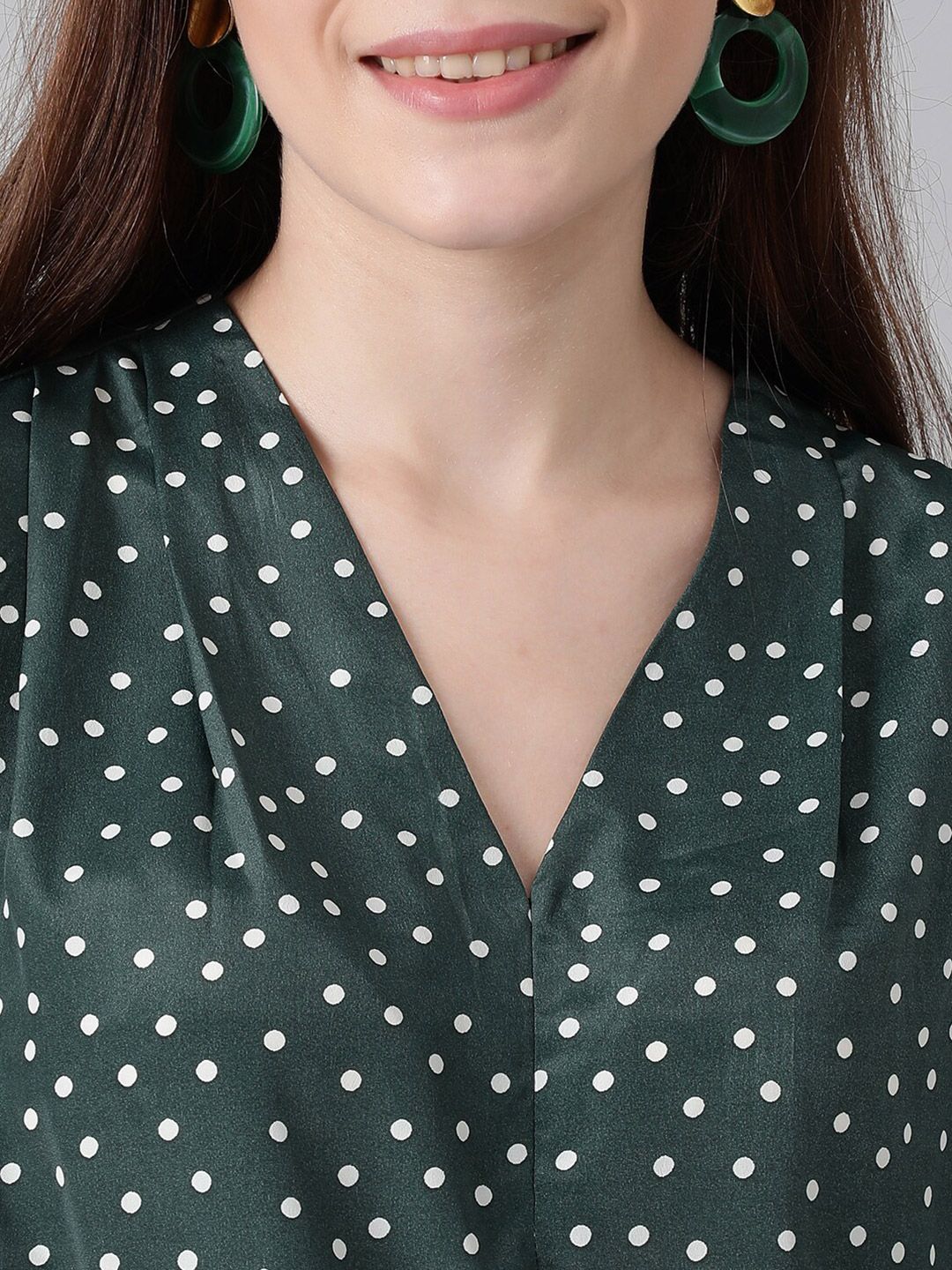 Kotty Green & White Polka Dot Print V-Neck Cuffed Sleeves Satin Crepe Top