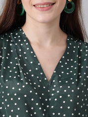 Kotty Green & White Polka Dot Print V-Neck Cuffed Sleeves Satin Crepe Top
