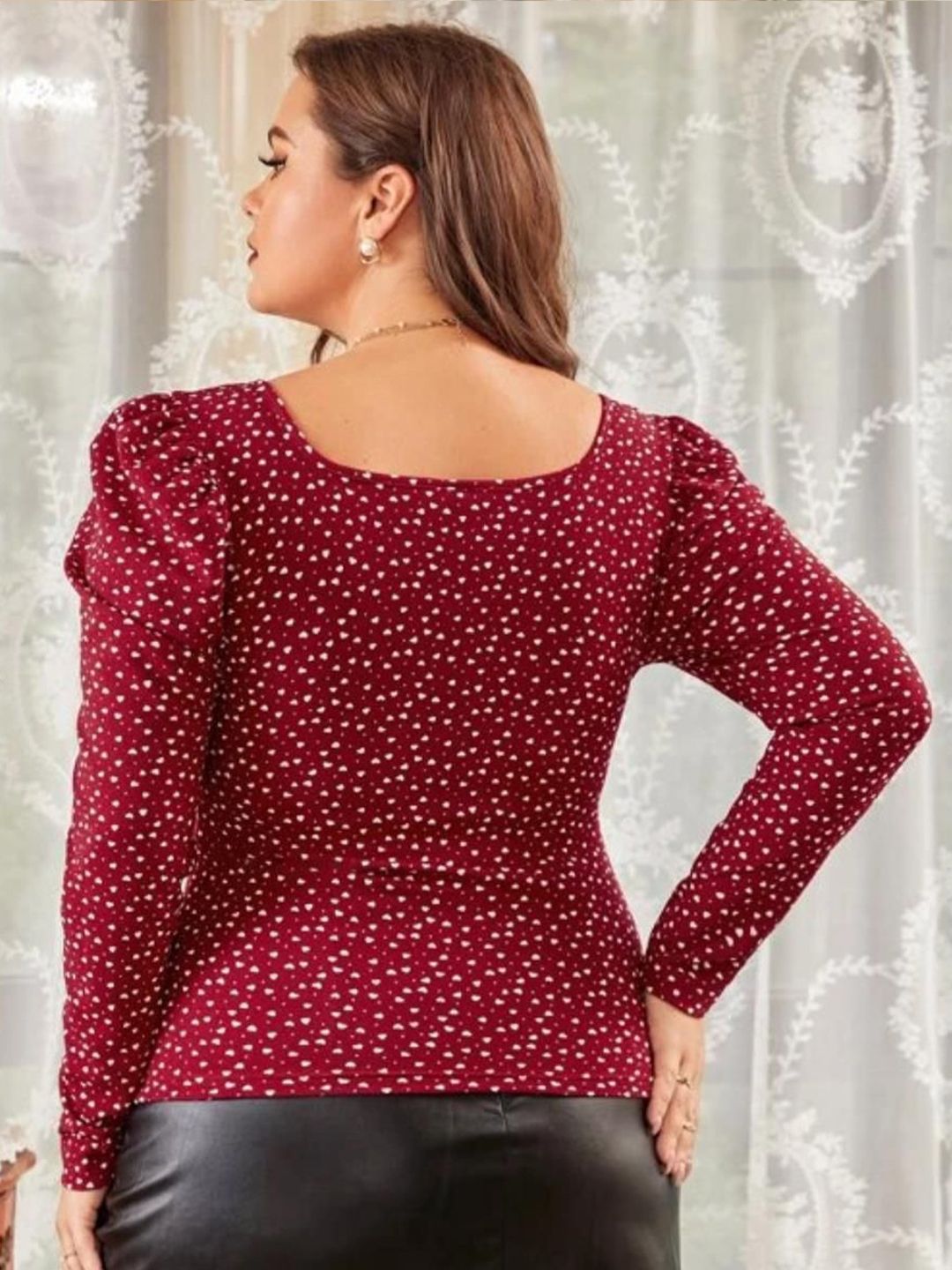 KOTTY Plus Size Polka Dot Printed Puff Sleeve Crepe Top