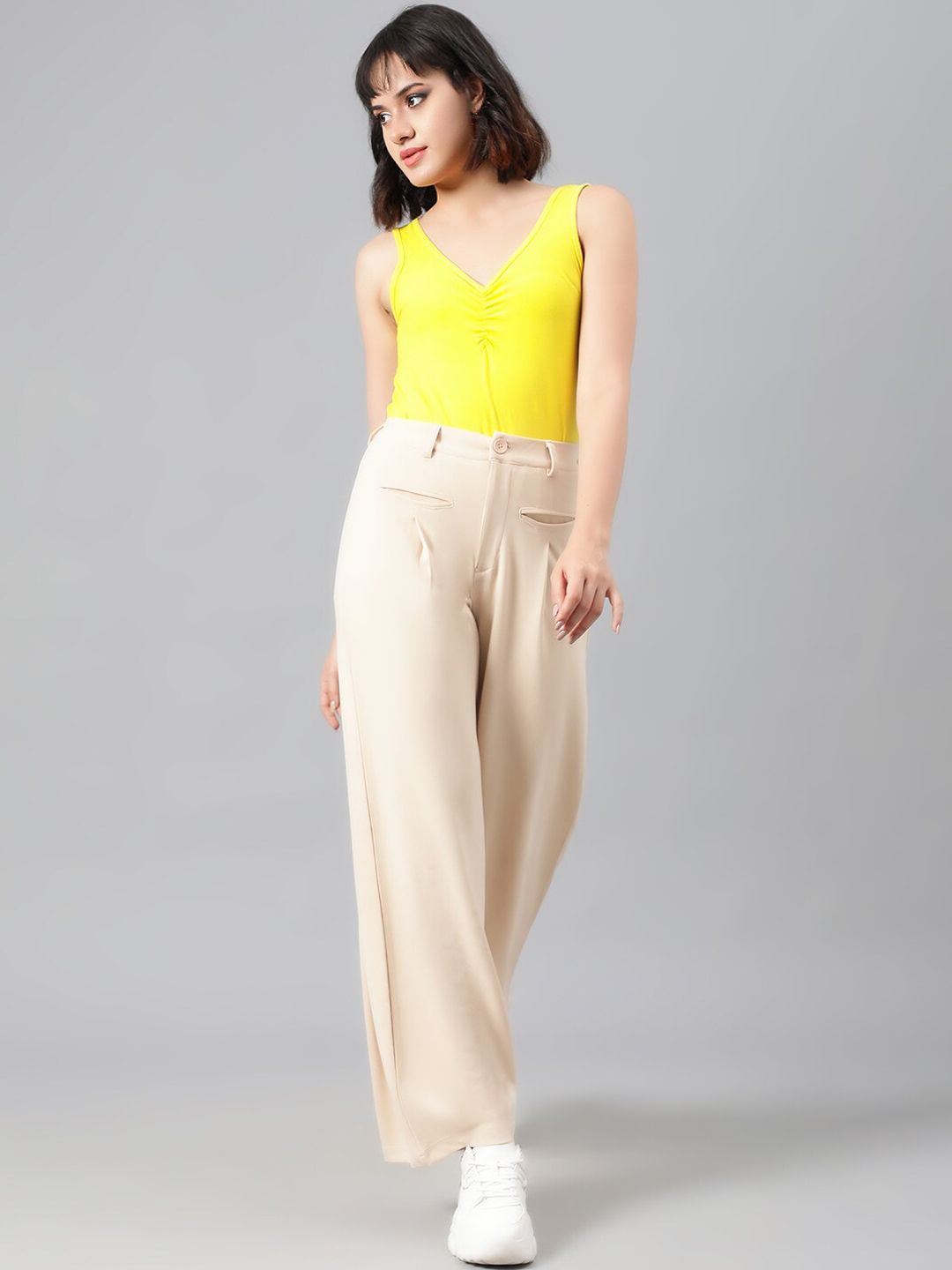 Kotty Women Beige High-Rise Relaxed Straight Leg Straight Fit Easy Wash Trousers