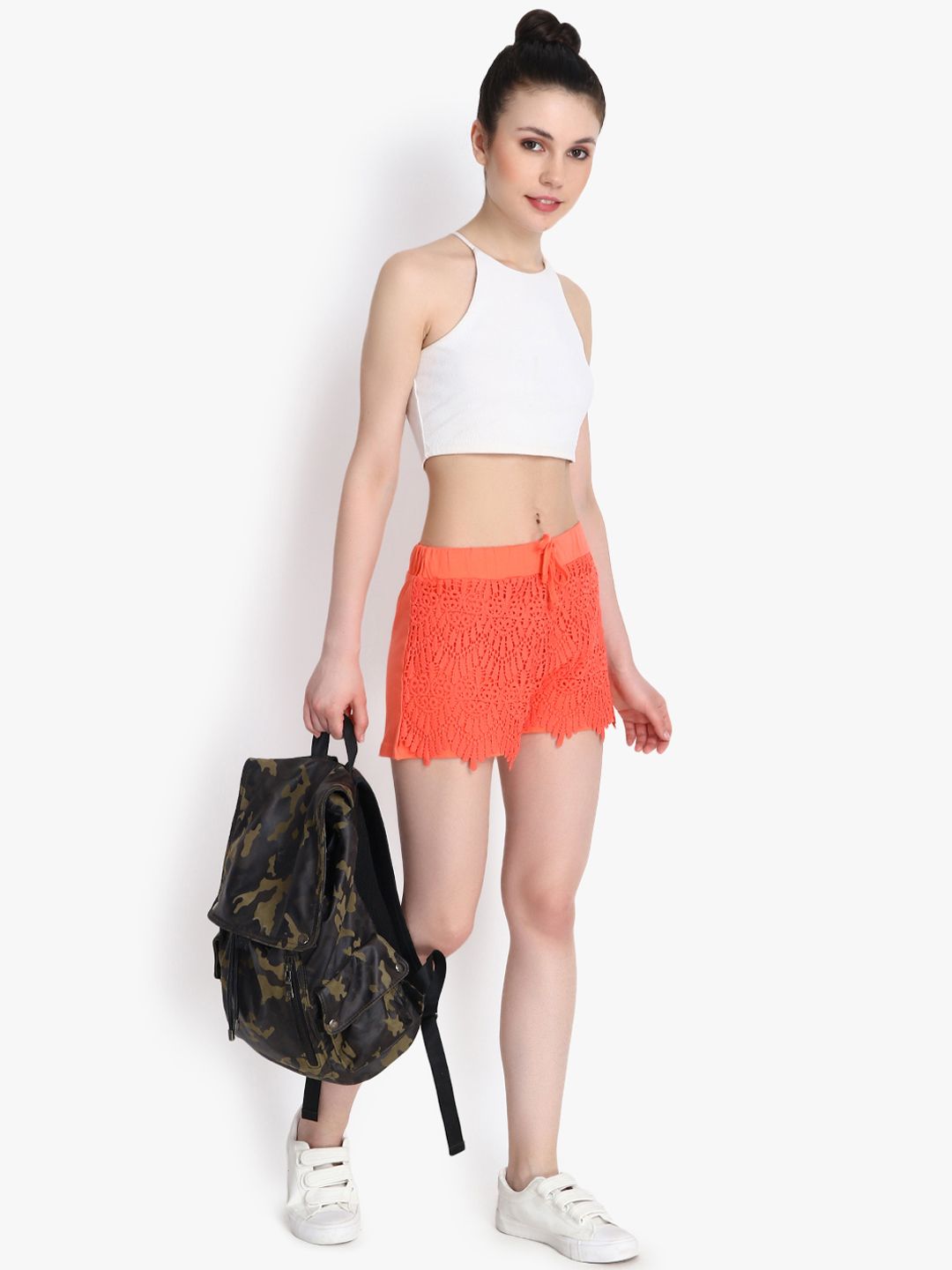 Kotty Women Orange Self Design Regular Fit Hot Pants