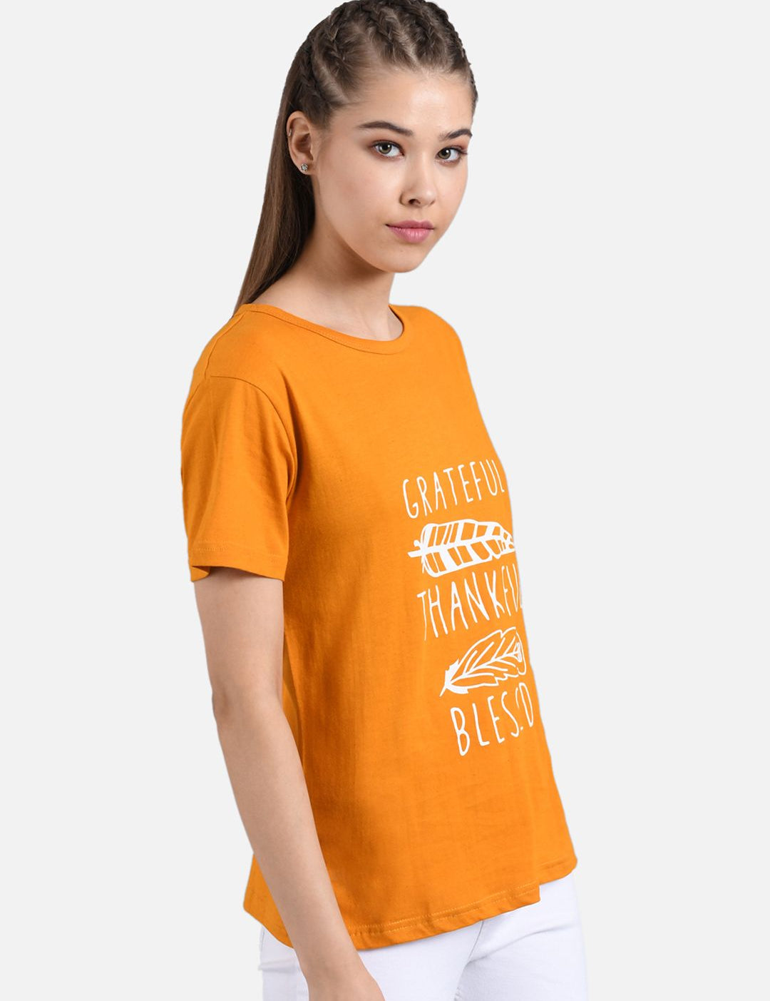 Kotty Women Orange Printed Round Neck T-shirt
