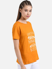 Kotty Women Orange Printed Round Neck T-shirt