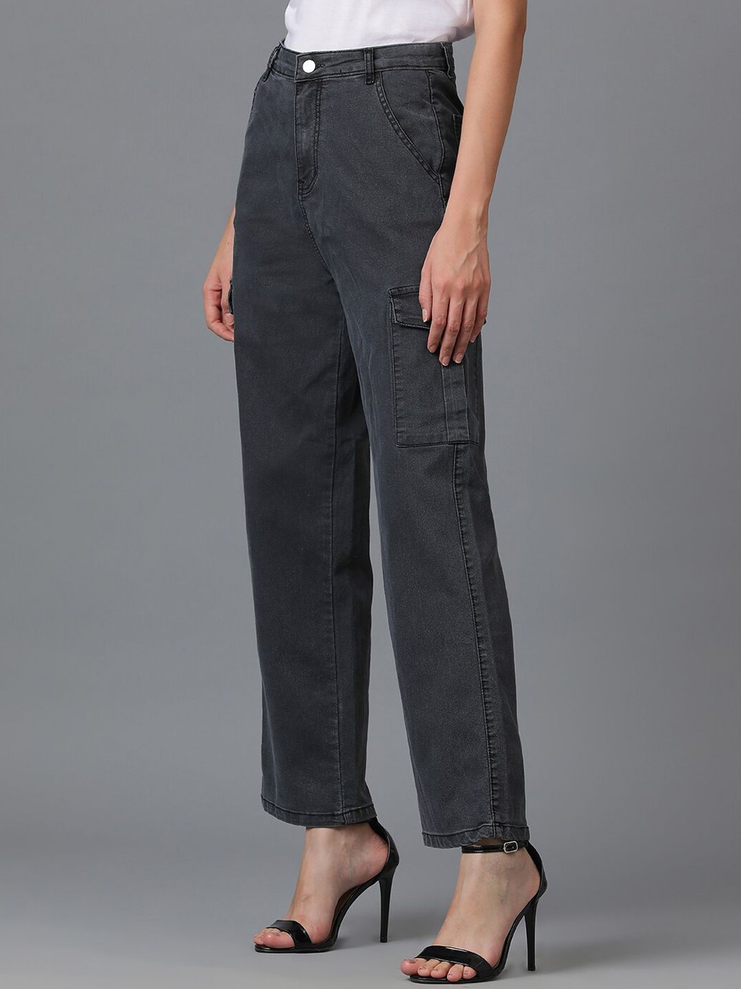 Kotty Women Black Jean Straight Fit High Rise Cargo Stretchable Jeans