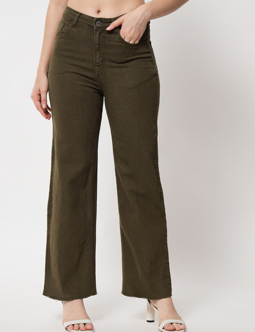 Kotty Women Olive Green Jean Straight Fit High-Rise Stretchable Jeans