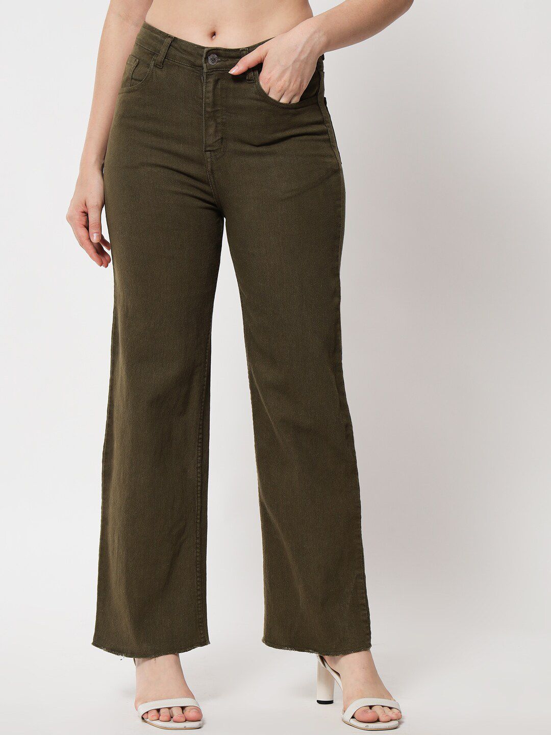 Kotty Women Olive Green Jean Straight Fit High-Rise Stretchable Jeans