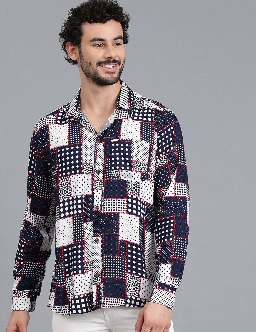 Kotty Navy Blue & White Polka Dot Printed Cutaway Collar Relaxed Fit Casual Shirt