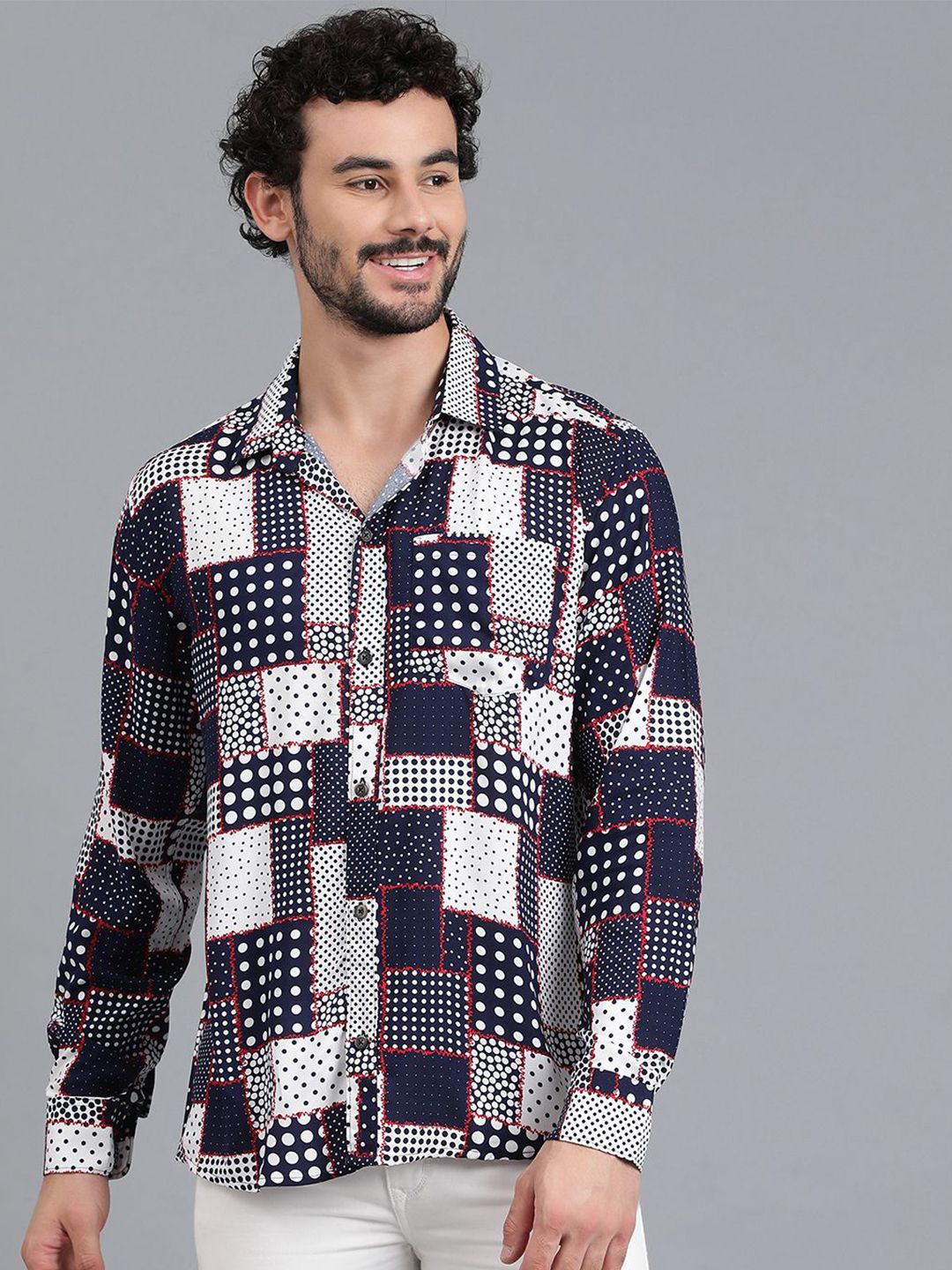 Kotty Navy Blue & White Polka Dot Printed Cutaway Collar Relaxed Fit Casual Shirt