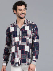 Kotty Navy Blue & White Polka Dot Printed Cutaway Collar Relaxed Fit Casual Shirt