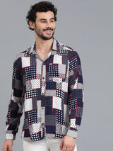 Kotty Navy Blue & White Polka Dot Printed Cutaway Collar Relaxed Fit Casual Shirt