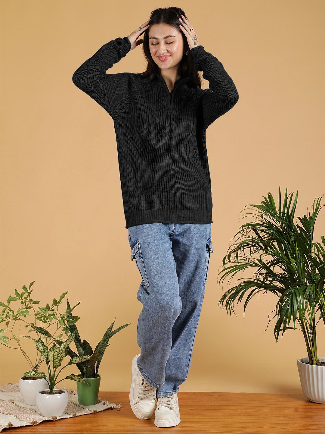 Kotty Women Ribbed Mock Collar Full Sleeve Pullover Sweaters