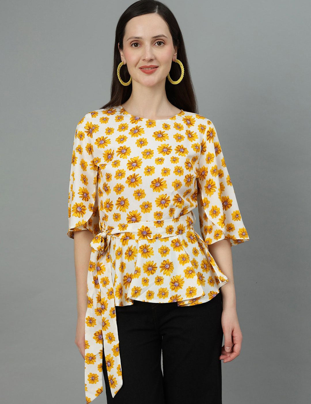 Kotty Floral Print Crepe Waist Tie-Up Top