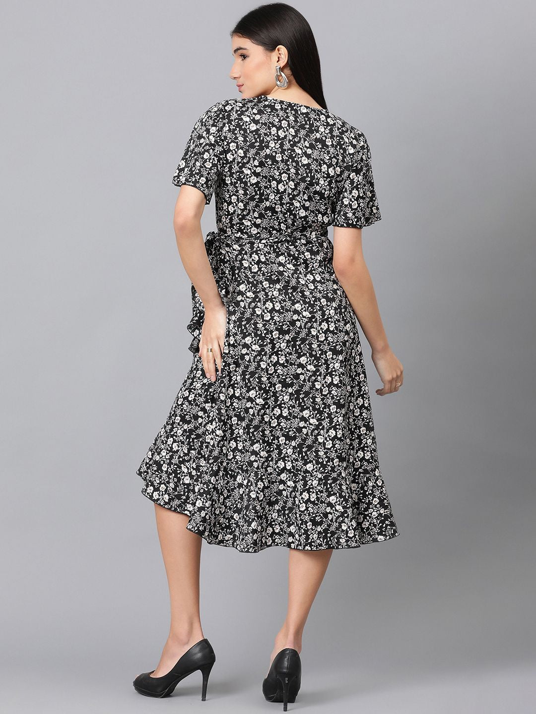 Kotty Floral Printed V-Neck Flared Sleeve High-Low Crepe Wrap Dress