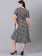 Kotty Floral Printed V-Neck Flared Sleeve High-Low Crepe Wrap Dress
