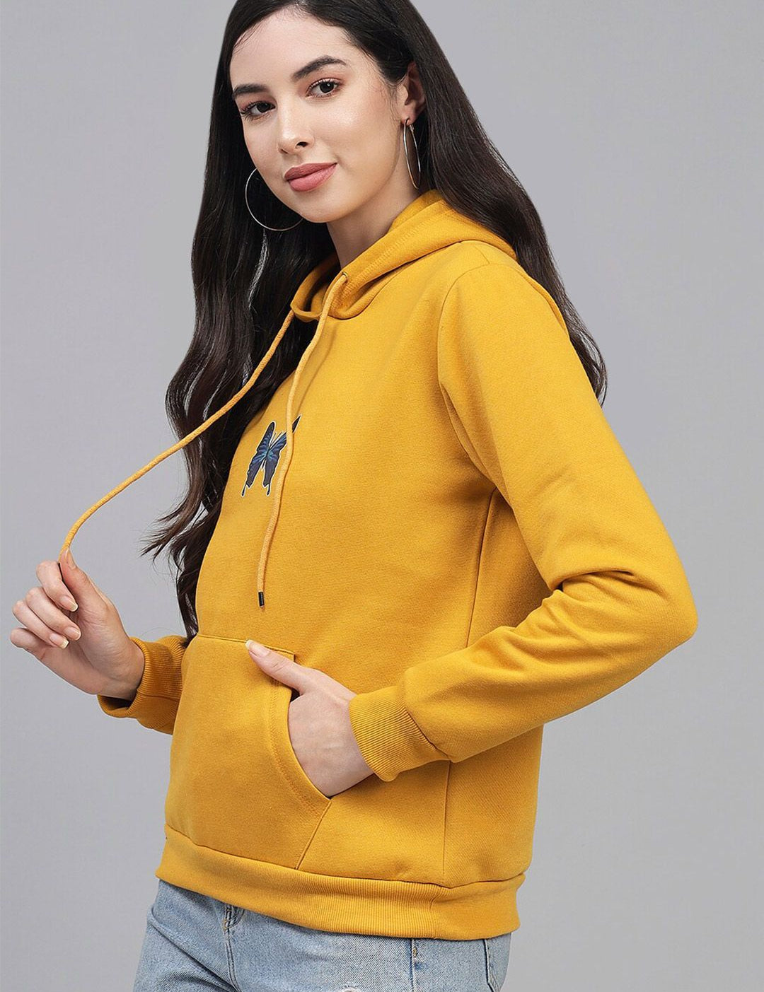 Kotty Women Mustard Printed Hooded Sweatshirt