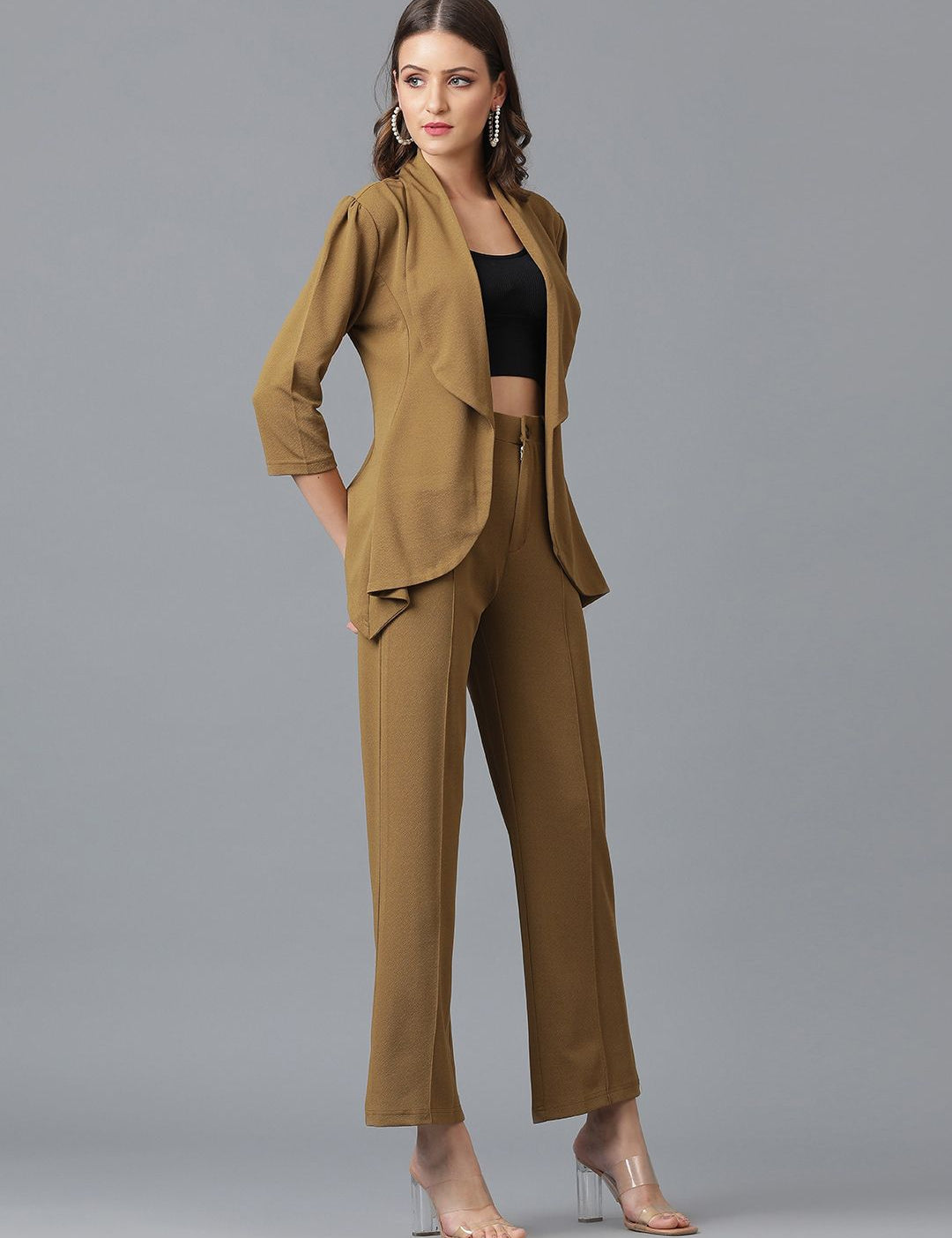 KOTTY BIZwear Brown Shawl Neck Coat With Trousers