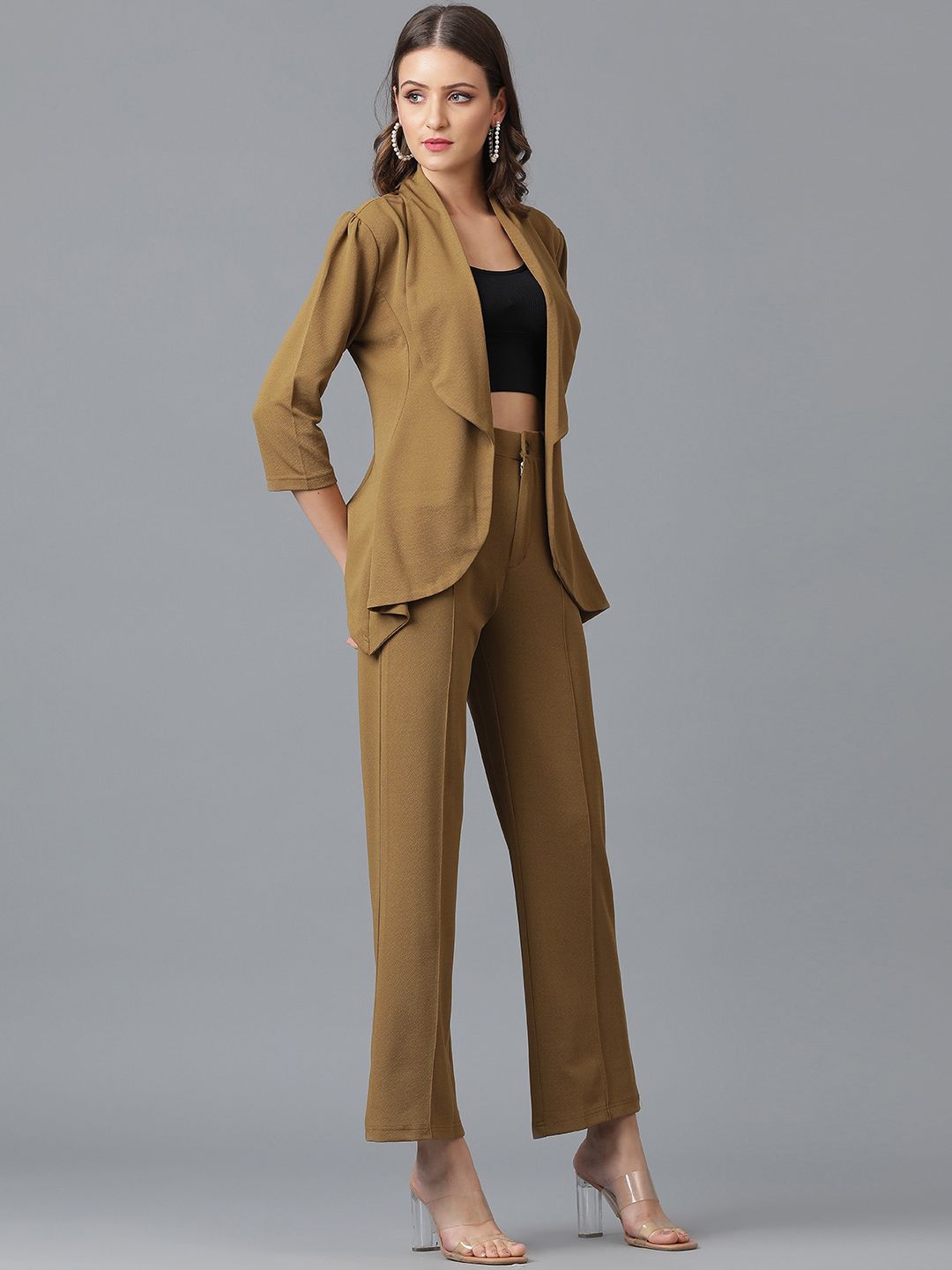 KOTTY BIZwear Brown Shawl Neck Coat With Trousers